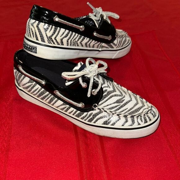 Sperry Black and White Sequin Sneakers with Eye-Catching Zebra Design Size 8.5 - Picture 3 of 12